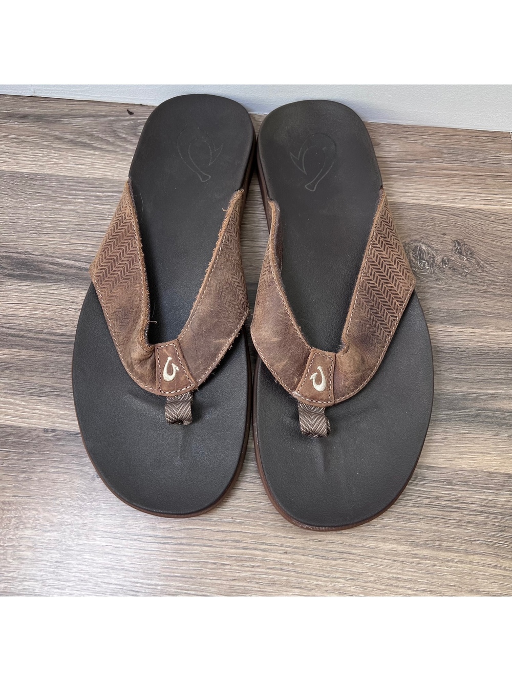 Olukai Brown Leather Flip Flop Sandals Men's Size 12
